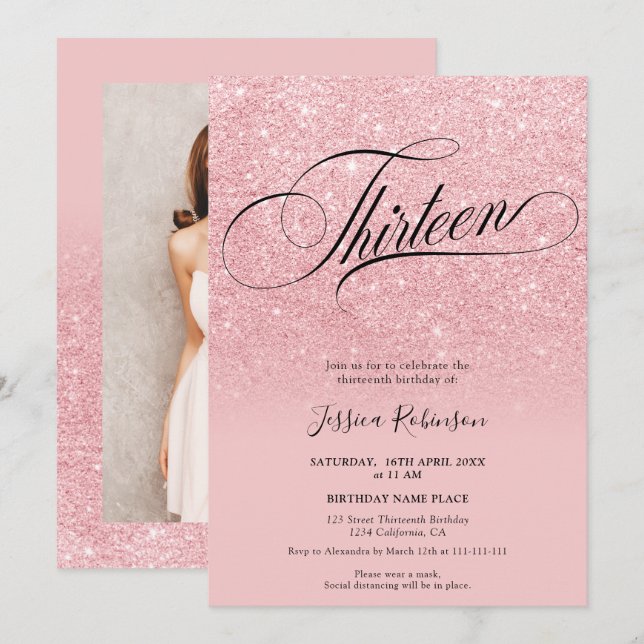 Rosa Glitzer ombre Glitzern chic Drehbuch Dreizehn Einladung (Vorne/Hinten)
