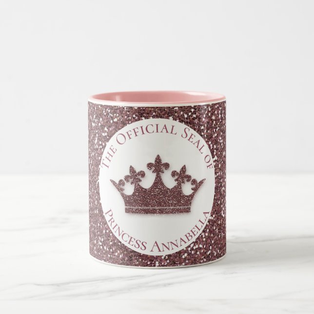 Rosa Glitzer Princess Crown Individuelle Name Zweifarbige Tasse (Mittel)