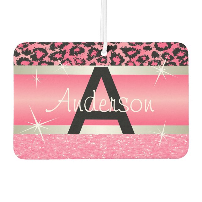 Rosa Glitzer Print & Leopard Tier | Personalisiere Autolufterfrischer (Vorderseite)