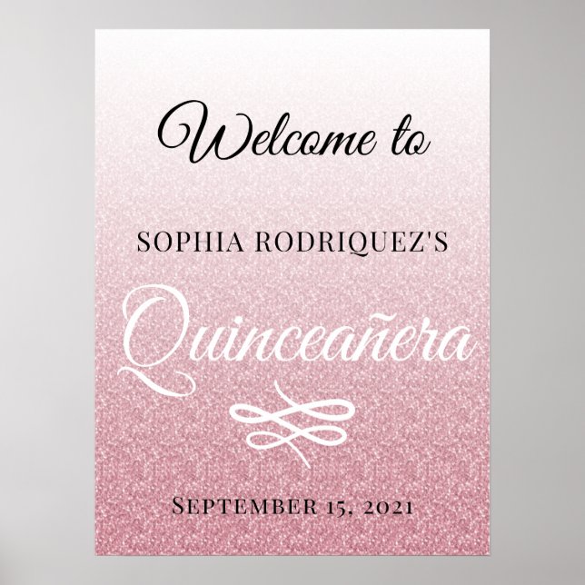 Rosa Glitzer Quinceañera 15. Geburtstag Willkommen Poster (Vorne)