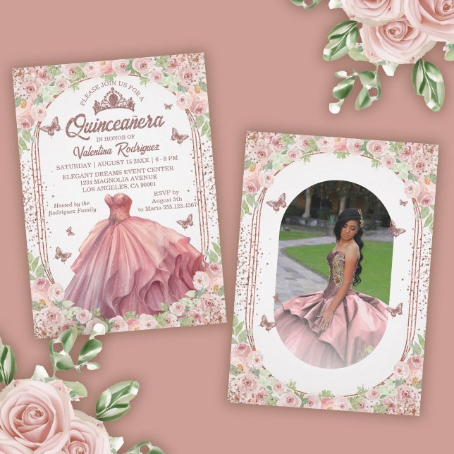 Rosa Glitzer Quinceanera Einladung (Rose Gold Glitter Floral Sparkle Quinceanera Invitation)