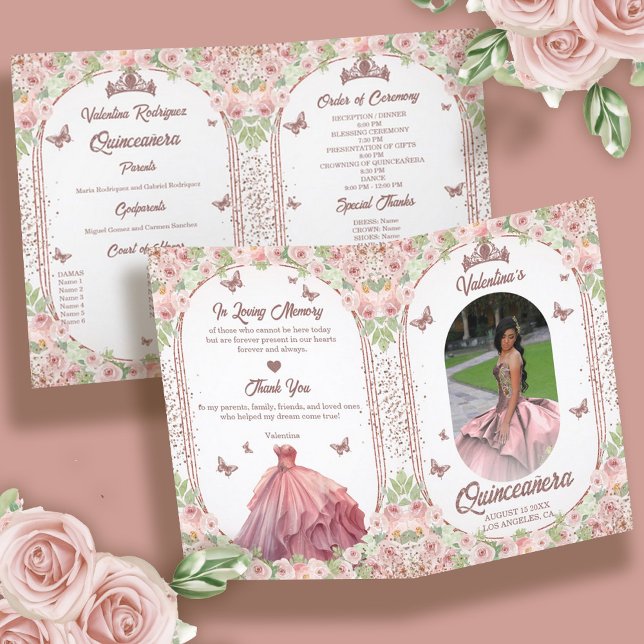 Rosa Glitzer Quinceanera Programm (Spanish Photo Rose Gold Blush Pink Quinceanera Program)