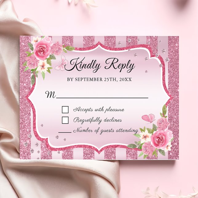 Rosa Glitzer Quinceanera RSVP Karte (Von Creator hochgeladen)