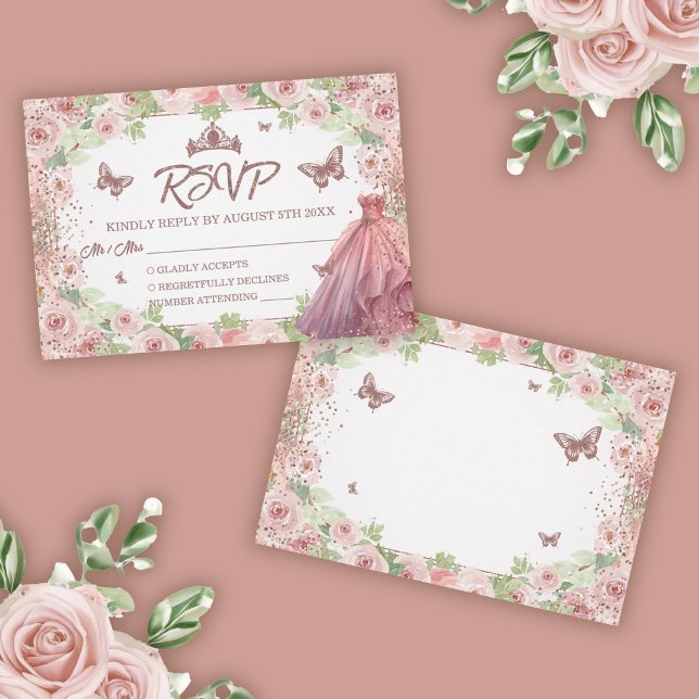 Rosa Glitzer Quinceanera RSVP Karte (Rose Gold Glitter Floral Quinceanera RSVP Card)