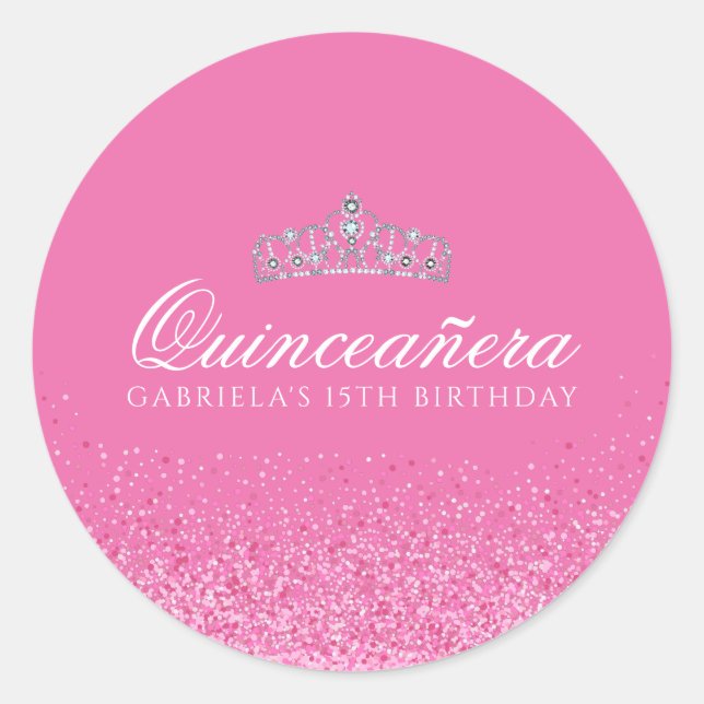 Rosa Glitzer Quinceanera Runder Aufkleber (Vorderseite)