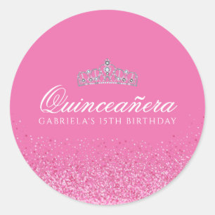 Rosa Glitzer Quinceanera Runder Aufkleber