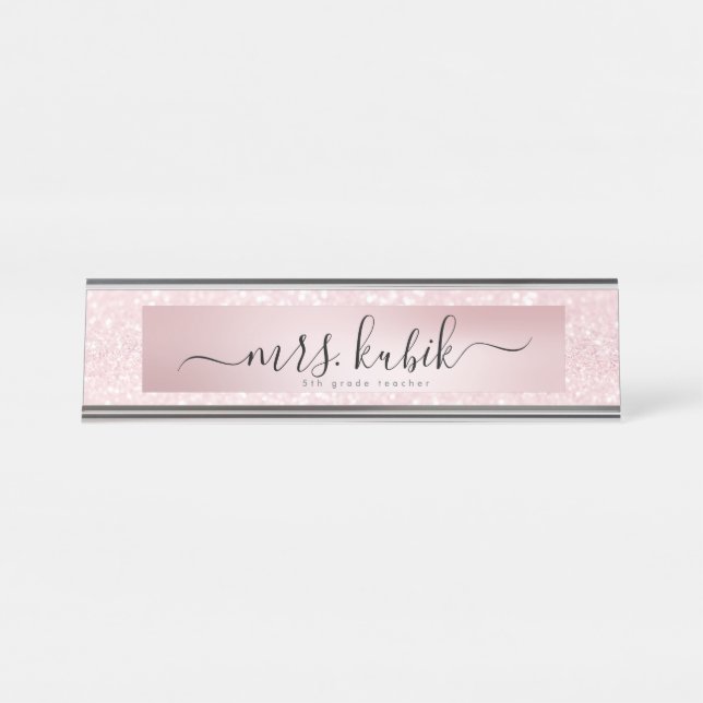 Rosa Glitzer Rose Gold Lehrer Schreibtisch Namenss Schreibtischnamensplakette (Vorderseite )
