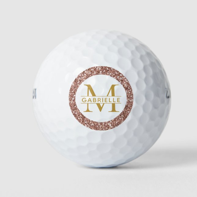 Rosa Glitzer Rose Gold Monogramm und Name Golfball (Vorderseite)