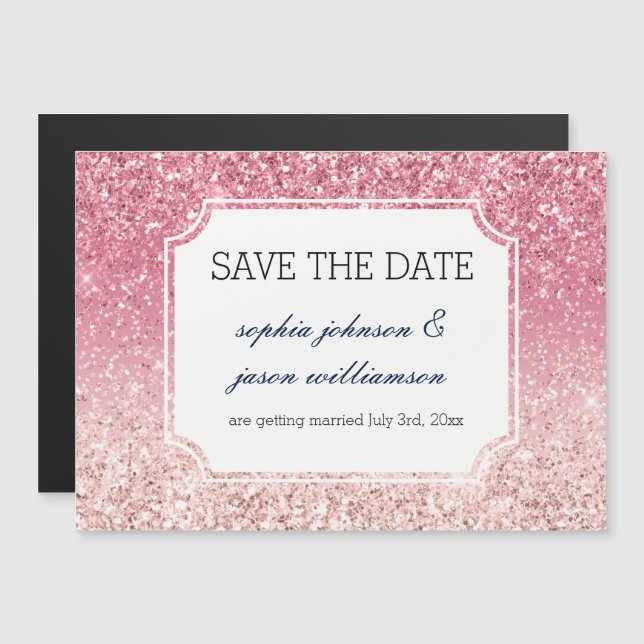 Rosa Glitzer Save the Date Magneteinladung (Vorne/Hinten)