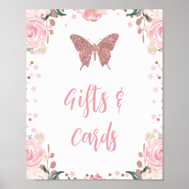 Rosa Glitzer Schmetterlingskarten und Geschenkschi Poster (Vorne)