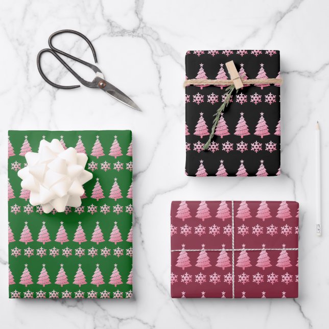 Rosa Glitzer Schneeflocken Weihnachtsbaum Feiertag Geschenkpapier Set (Vorderseite)