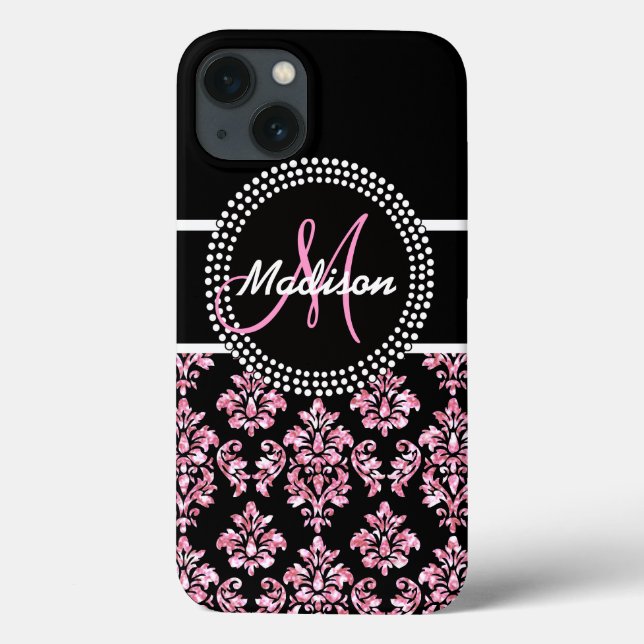 ROSA GLITZER-SCHWARZ-DAMAST IHR MONOGRAMM Case-Mate iPhone HÜLLE (Rückseite)