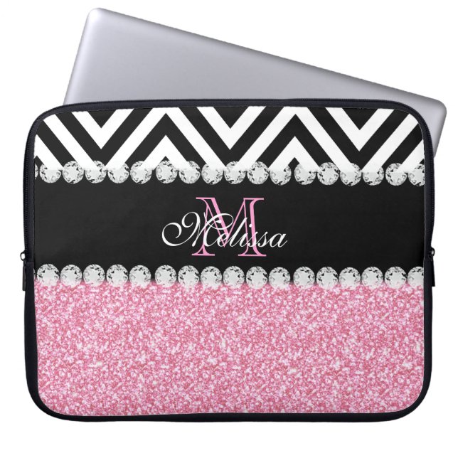 ROSA GLITZER-SCHWARZ-ZICKZACK MIT MONOGRAMM LAPTOPSCHUTZHÜLLE (Vorderseite)