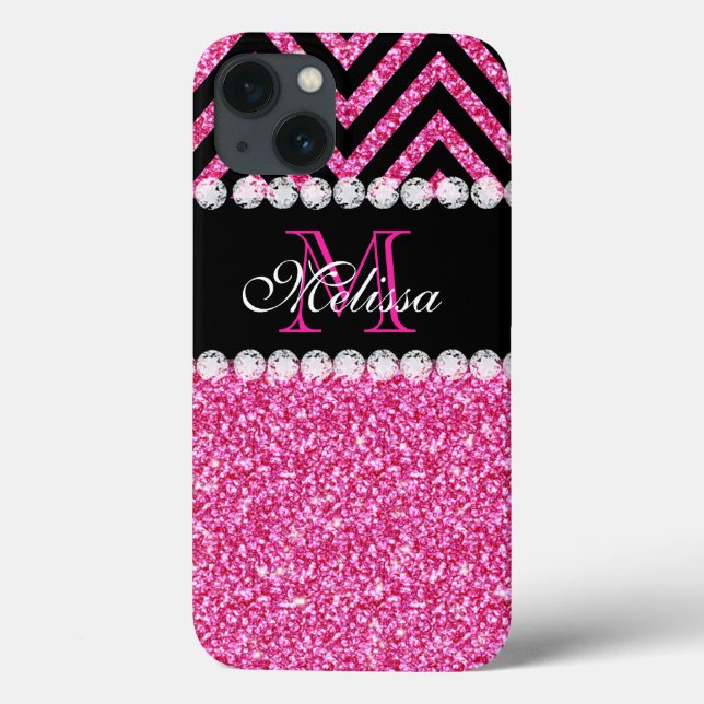 Rosa Glitzer-Schwarz-Zickzack Monogramm Case-Mate iPhone Hülle (Rückseite)
