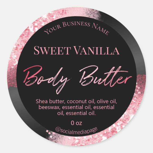 Rosa Glitzer Schwarze Body Butter Labels Runder Aufkleber (Vorderseite)