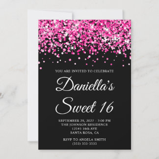 Rosa Glitzer Schwarzer Sweet 16 Einladung