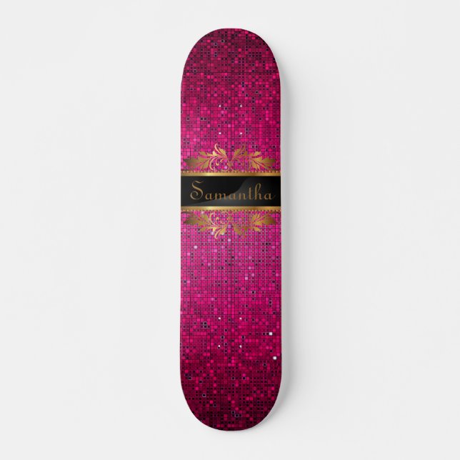 Rosa Glitzer Sequin Disco Alte Schule Skateboard (Vorne)