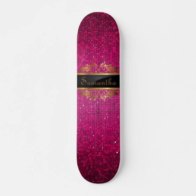 Rosa Glitzer Sequin Disco Glitz Mini Skateboard (Vorne)