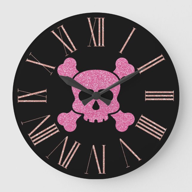 Rosa Glitzer Skull und Crossbones auf Schwarz Große Wanduhr (Vorderseite)