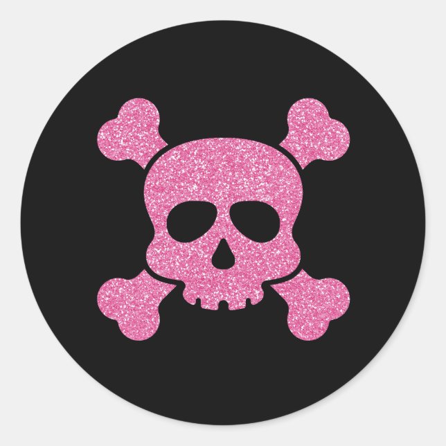 Rosa Glitzer Skull und Crossbones auf Schwarz Runder Aufkleber (Vorderseite)