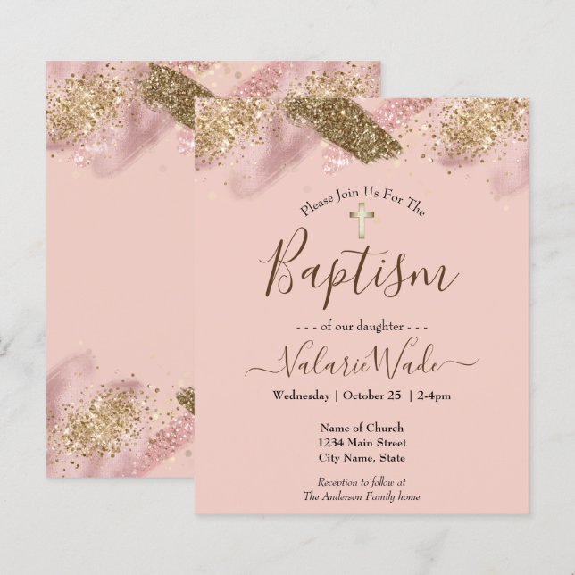 Rosa Glitzer Splash Taufen Haushalt Einladungen (Vorne/Hinten)