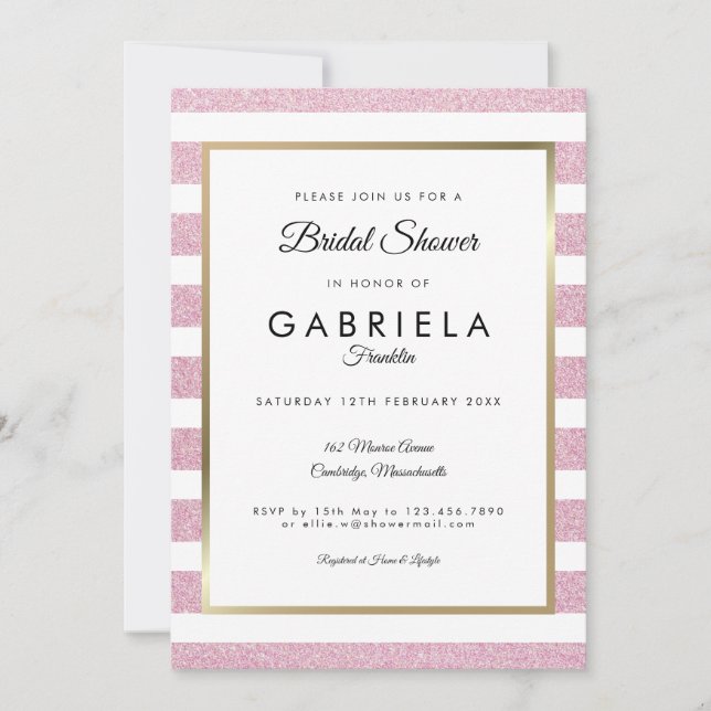 Rosa Glitzer Stripe Wedding Brautparty Einladung (Vorderseite)