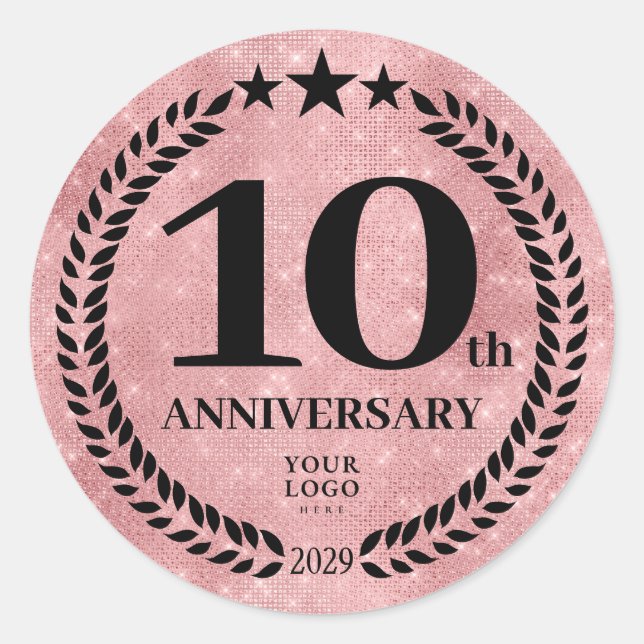 Rosa Glitzer Style 10th Anniversary Business-Logo Runder Aufkleber (Vorderseite)