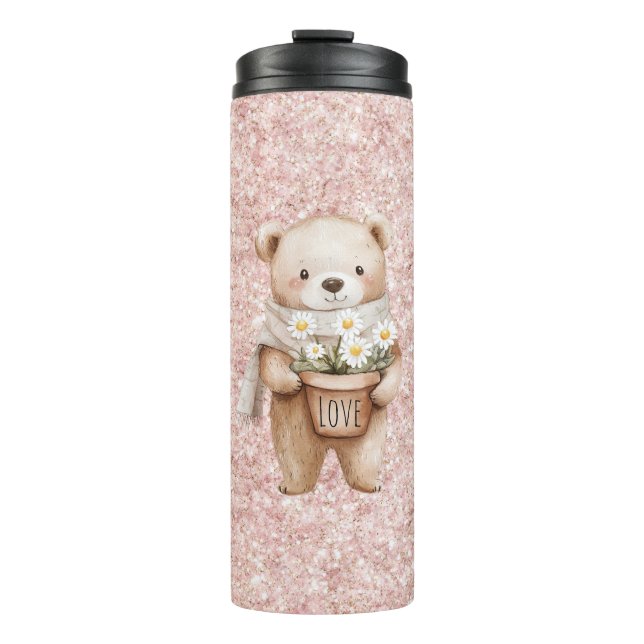 Rosa Glitzer Süßer Bär Gänseblümchen Thermosbecher (Vorderseite)