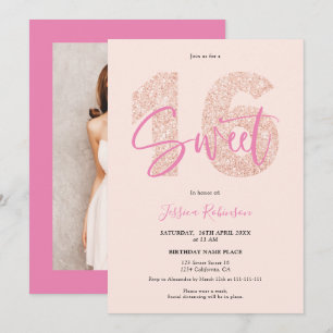 Rosa Glitzer Sweet 16 blush script Foto Geburtstag Einladung