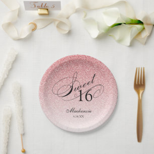 Rosa Glitzer Sweet 16 Personalisiert Pappteller