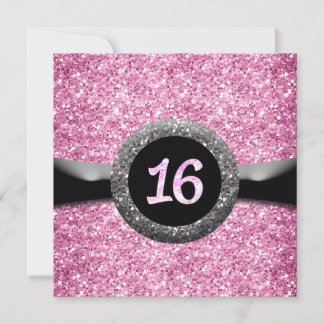 Rosa Glitzer Sweet 16 Ribbon Emblem Einladung