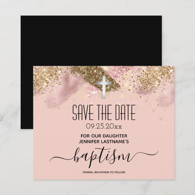 Rosa Glitzer Taufe Save the Date Haushalt (Vorne/Hinten)