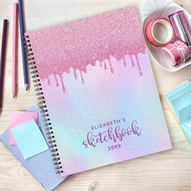 Rosa Glitzer Tropfen Holographic Unicorn Sketchboo Notizbuch (Pink dripping glitter holographic sketchbook. Personalize it with your name.)
