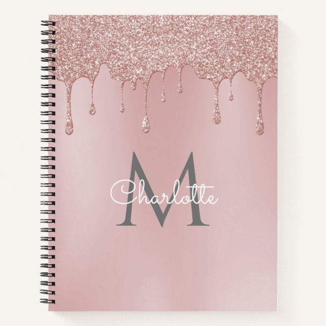 Rosa Glitzer Tropfen Monogram Elegante Girly Scrip Notizbuch (Vorderseite)
