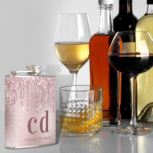 Rosa Glitzer Tropfen Monogramm Flachmann (Von Creator hochgeladen)