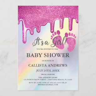 Rosa Glitzer Tropfen Rainbow Holographic Baby Show Einladung