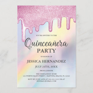 Rosa Glitzer Tropfen Rainbow Holographic Quinceañe Einladung