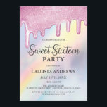Rosa Glitzer Tropfen Rainbow Holographic Sweet 16 Einladung<br><div class="desc">Diese moderne und mädchenhafte 16 . Geburtstag-Geburtstagsfeier ist perfekt für das Mädchen. Es zeigt Imitate gedruckt rosa funkelnd Glitzer funkelnd Glitzer-Tropfen auf einem Regenbogen holografischen irisierenden Hintergrund. Es ist elegant, niedlich, einzigartig und hübsch, das perfekte Design, um Ihre Gäste zu beeindrucken. ***WICHTIGE HINWEIS FÜR DESIGN: Bei jeder individuellen Designanforderung, z....</div>