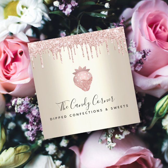 Rosa Glitzer Tropfen Schokolade Erdbeere Süßes Gol Quadratische Visitenkarte (Von Creator hochgeladen)