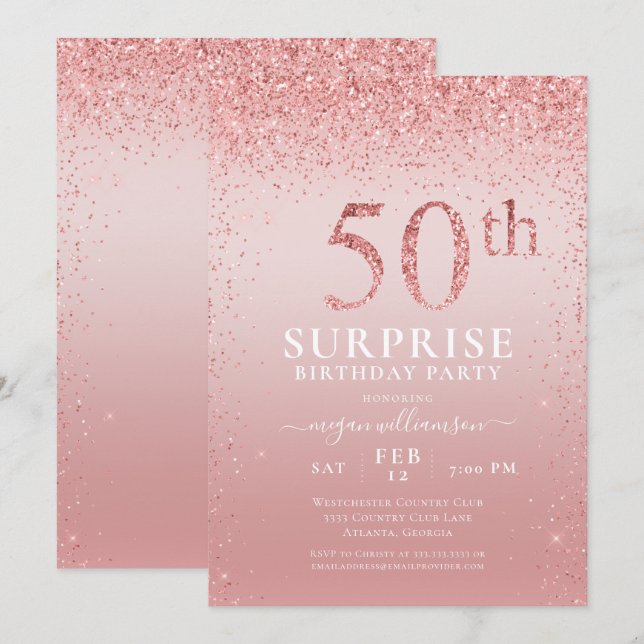 Rosa Glitzer Überraschung 50. Geburtstag Einladung (Vorne/Hinten)