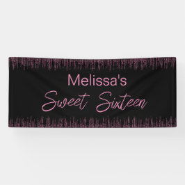 Rosa Glitzer und Schwarzer Sweet 16 Geburtstag Banner