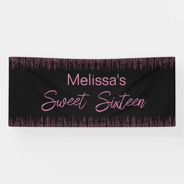 Rosa Glitzer und Schwarzer Sweet 16 Geburtstag Banner (Horizontal)