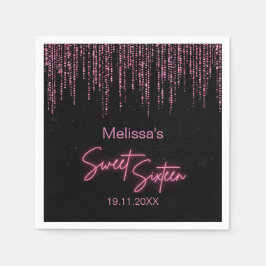 Rosa Glitzer und Schwarzer Sweet 16 Geburtstag Serviette