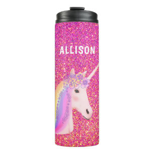 Rosa Glitzer Unicorn Girl Personalisiert Thermosbecher