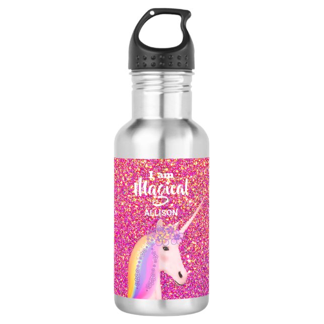 Rosa Glitzer Unicorn Ombre Personalisiert Kinder Edelstahlflasche (Vorderseite)