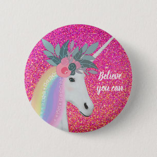 Rosa Glitzer Unicorn Rainbow Fantasy Blume Button
