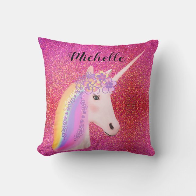 Rosa Glitzer Unicorn Rainbow Glitzern Personalisie Kissen (Vorderseite)