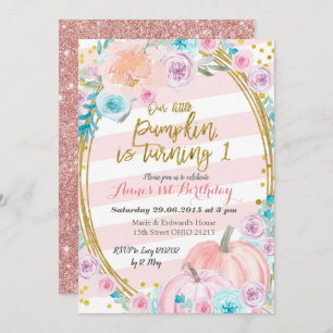 Rosa Glitzer Unser kleiner Pumpkin 1. Geburtstag Einladung