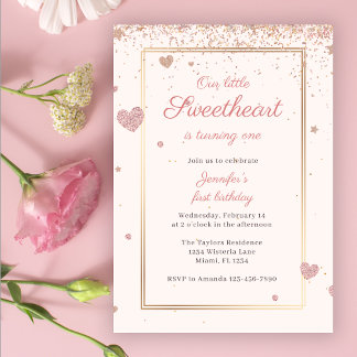 Rosa Glitzer Valentine Sweetheart 1. Geburtstag Einladung