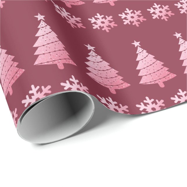 Rosa Glitzer Weihnachtsbäume Schneeflocken Geschenkpapier (Rolleneckpunkt)